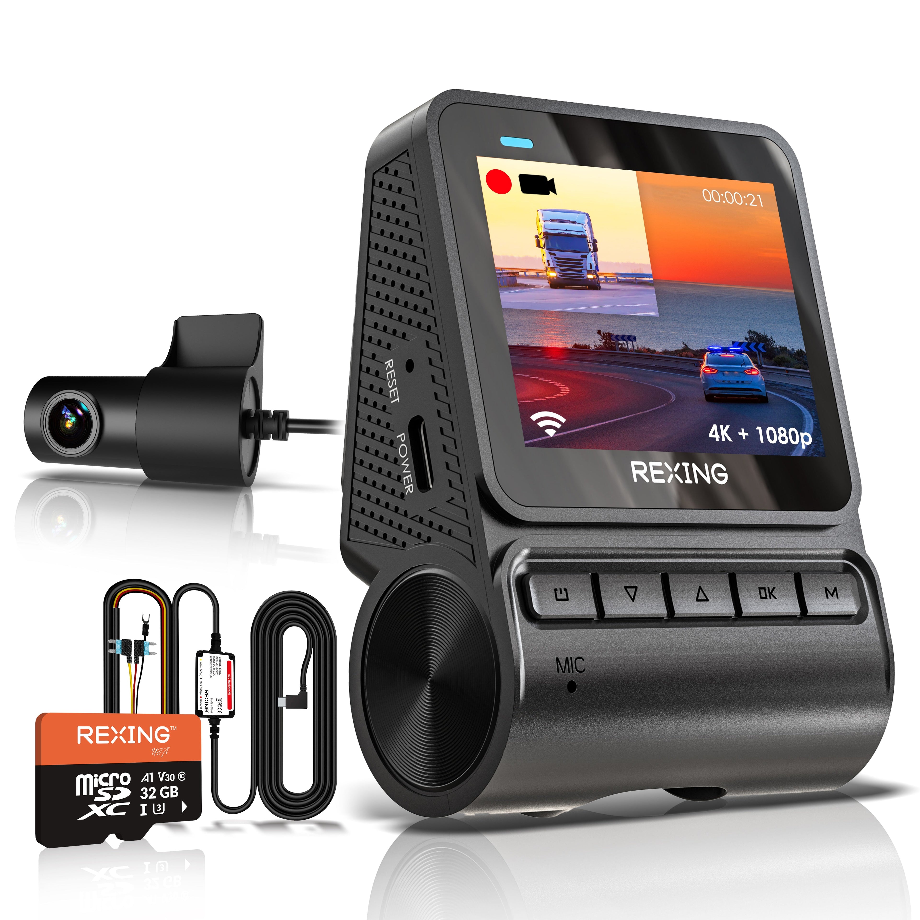 Rexing V1P Flex X4 4K WiFi dual dash cam in black, showing front camera lens and compact design for vehicle recording.