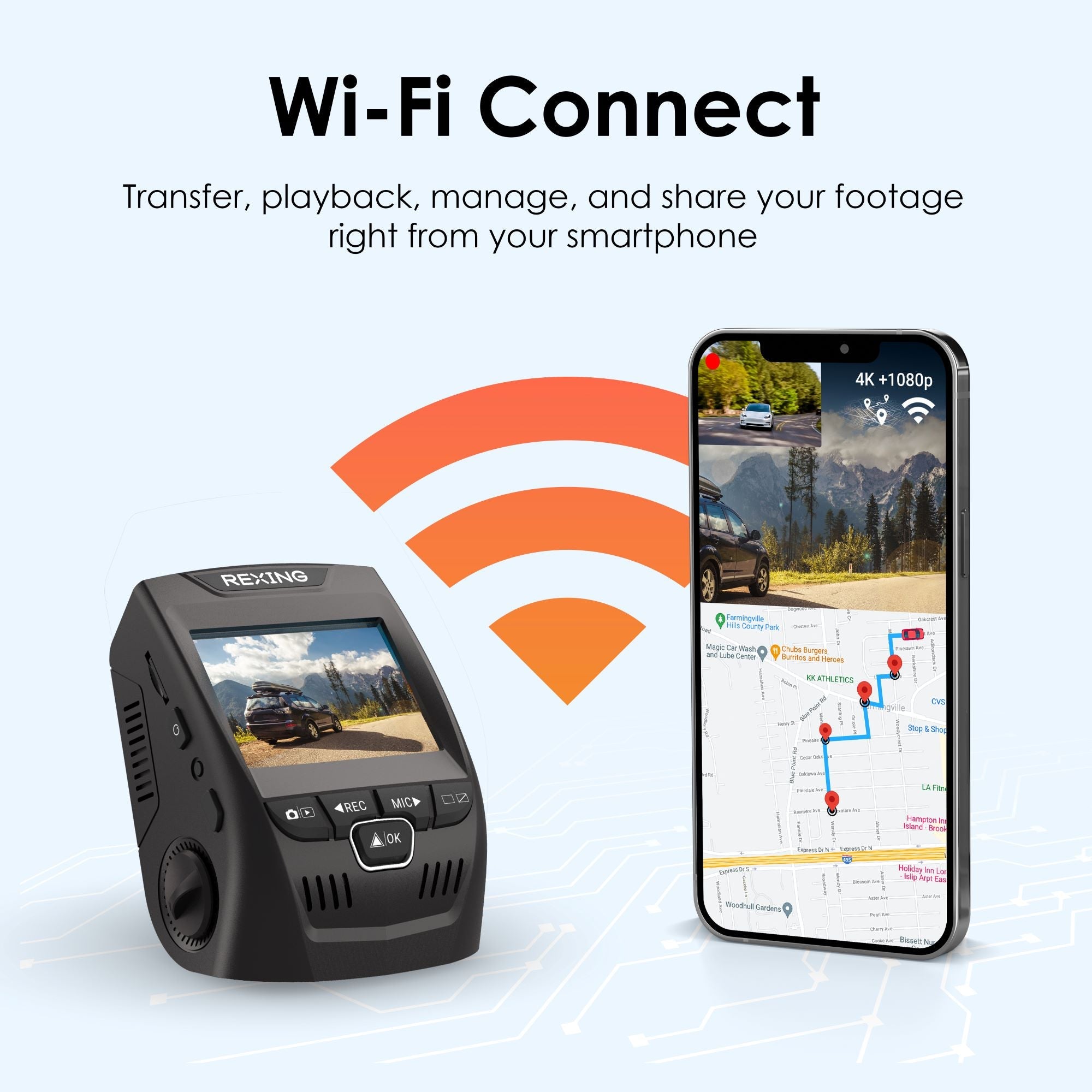 Rexing V1P SE 4K dual channel dash cam with GPS and Wi-Fi, featuring bonus CPL filters on a car dashboard.