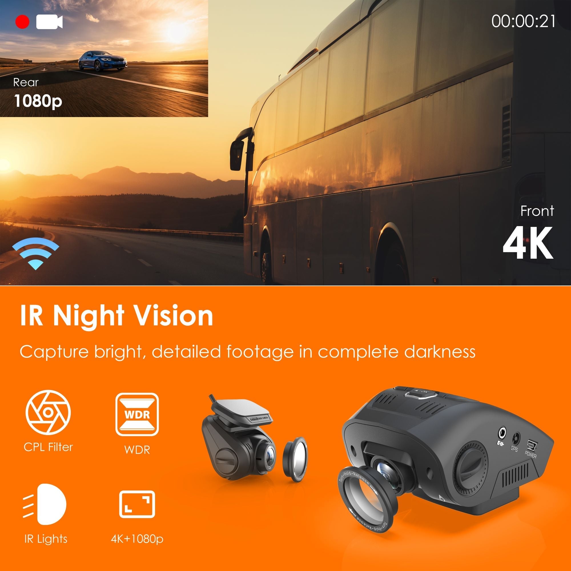 Rexing V1P SE 4K Dual Channel Dash Cam with GPS and Wi-Fi, featuring bonus CPL filters for enhanced image quality.