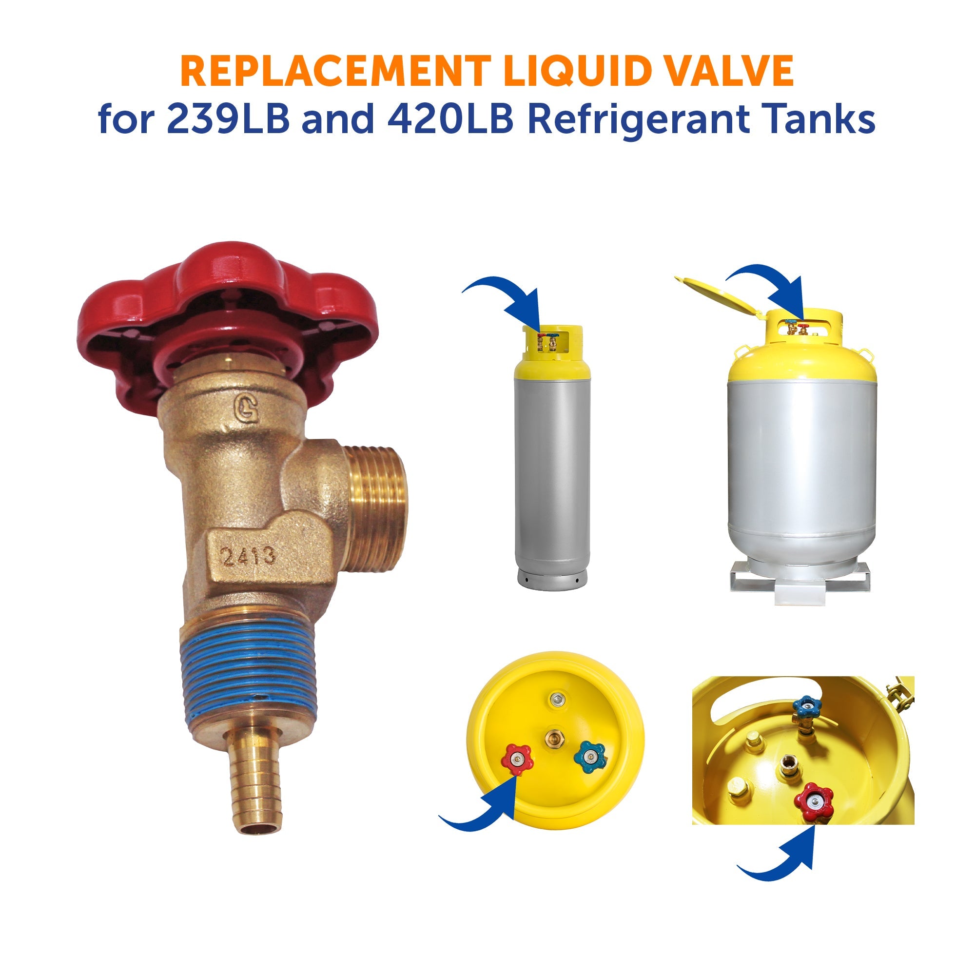 Flame King propane refrigerant tank liquid valve for 239lb and 420lb tanks, propane accessories by Flame King Products.