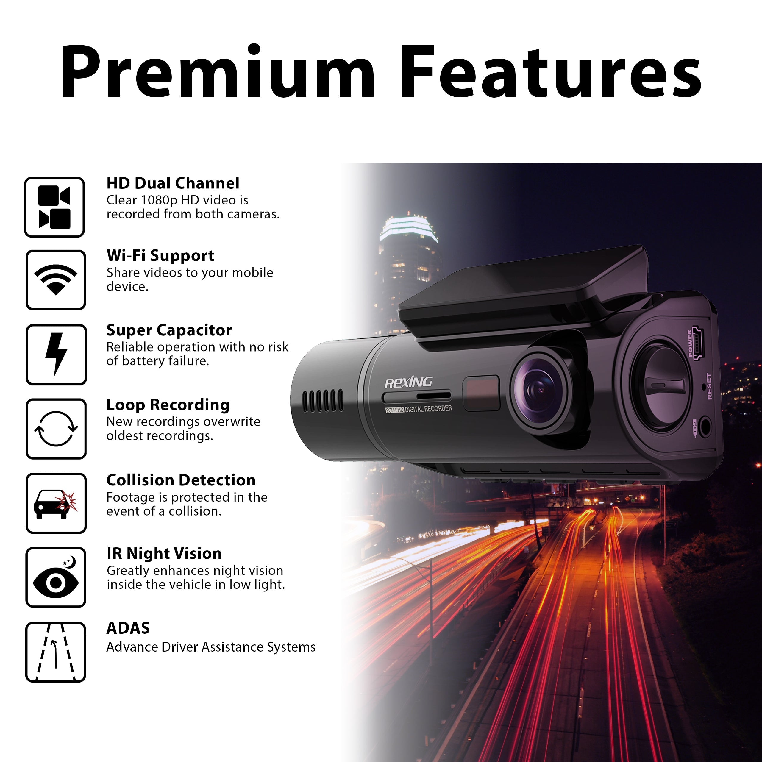 Rexing V3C Dual Camera Front and Inside Cabin Full HD 1080p Dash Cam with WiFi - We The Collective