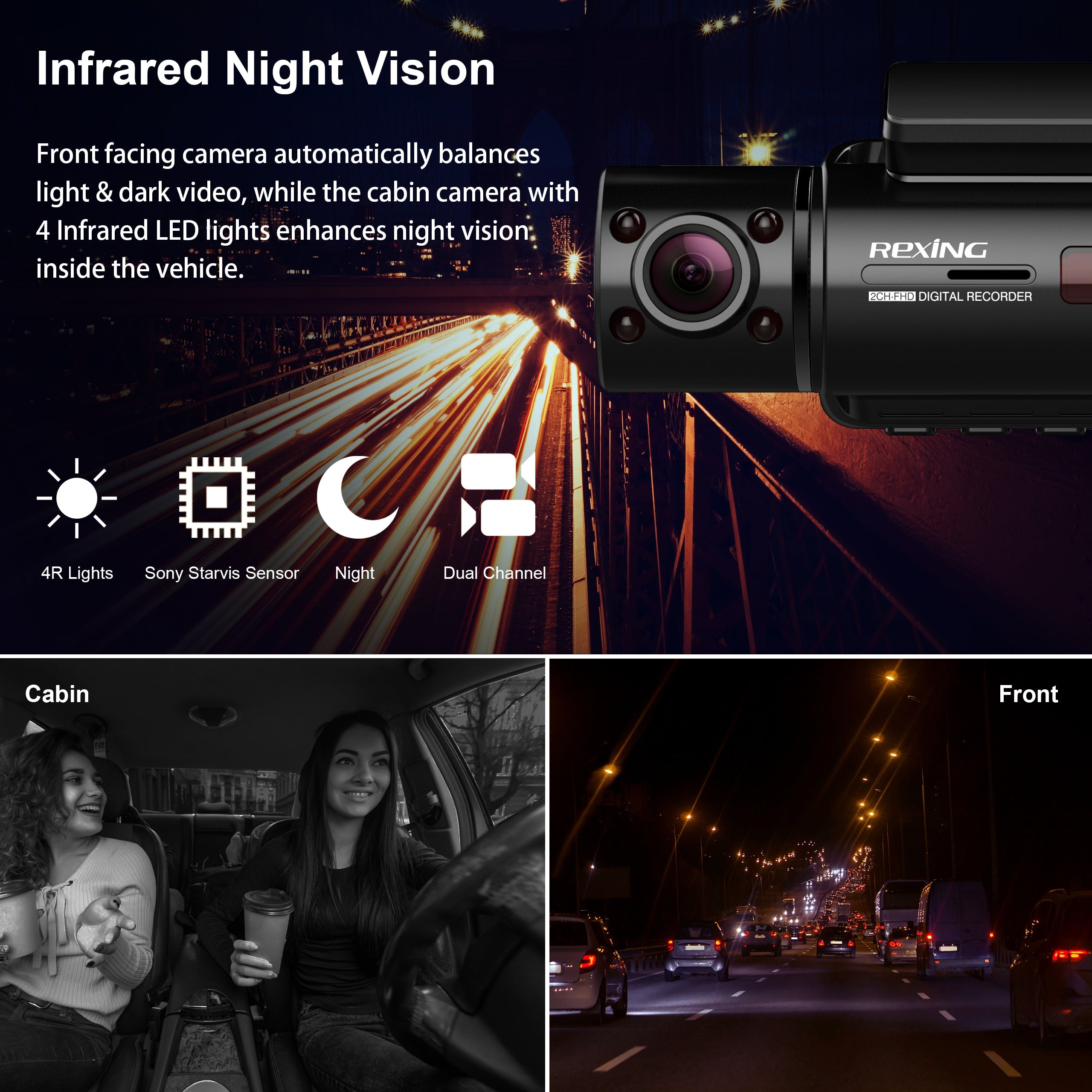 Rexing V3C Dual Camera Front and Inside Cabin Full HD 1080p Dash Cam with WiFi - We The Collective