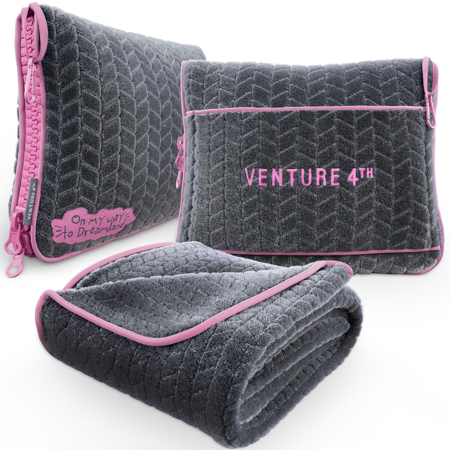 Gray and pink VENTURE 4TH travel blanket and pillow set, ideal for comfort during travel.