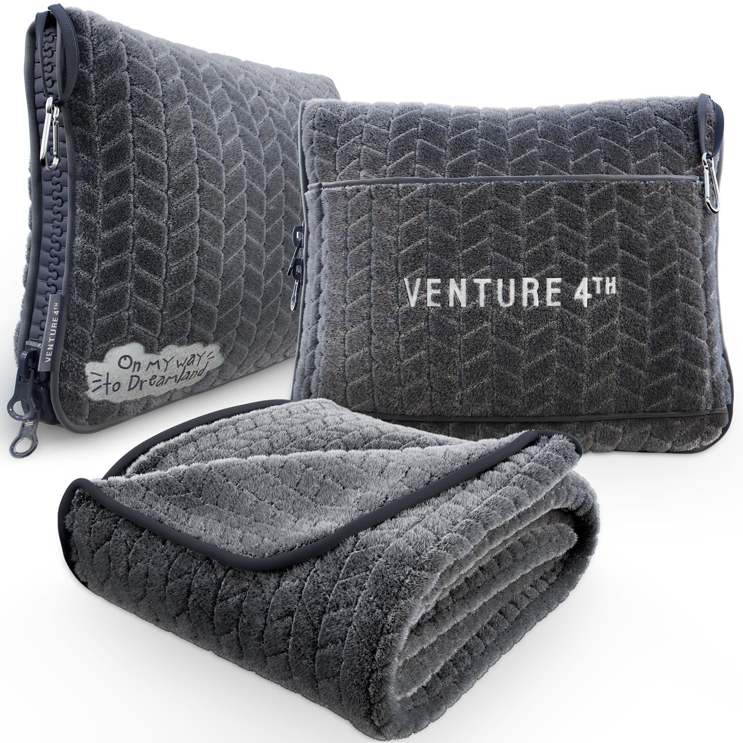 Gray travel blanket and pillow set by VENTURE 4TH, ideal for comfort on the go.