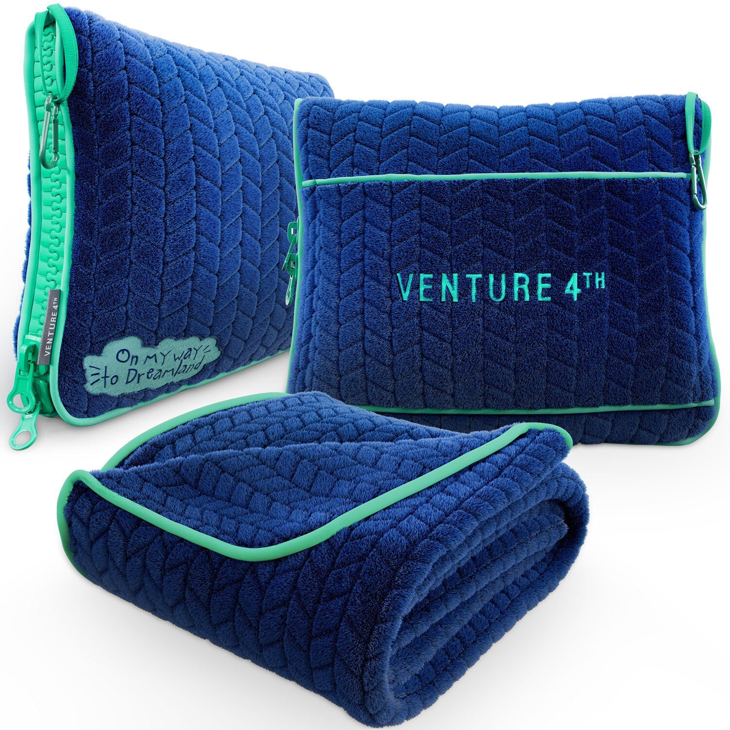 VENTURE 4TH travel blanket and pillow set in navy, featuring compact design for comfort and convenience on-the-go.
