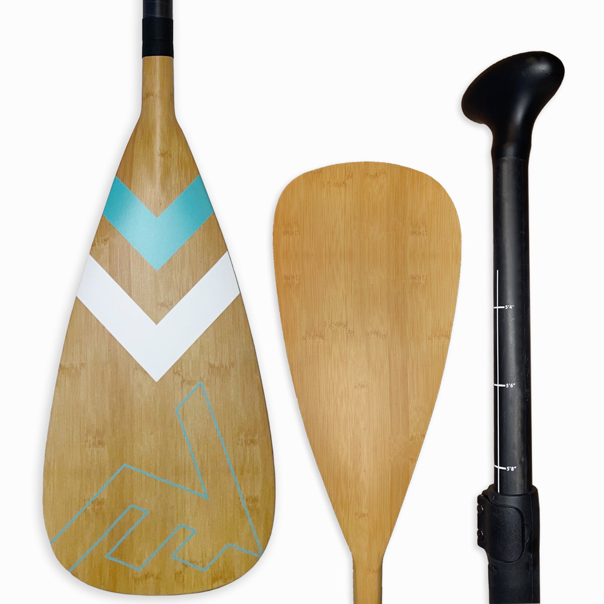 Vamo Life bamboo paddle with carbon-fiberglass adjustable shaft and ABS edge, designed for kayaking or stand-up paddleboarding.
