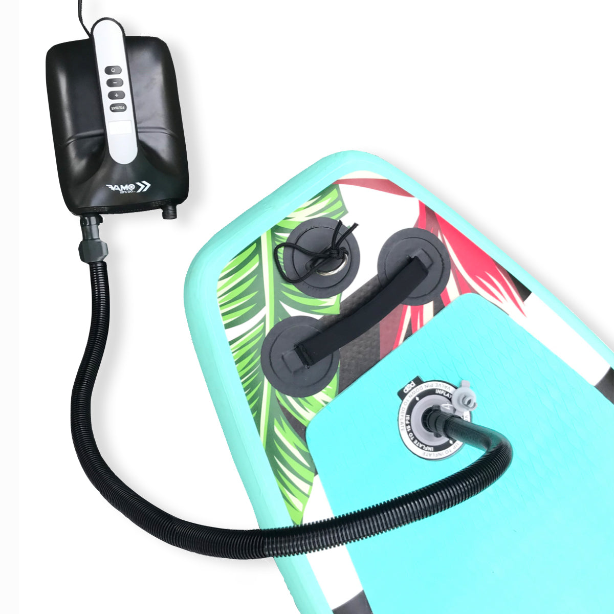 Vamo Life VAMO 20PSI SUP electric air pump with cigarette lighter adapter for inflating stand-up paddleboards and inflatables.