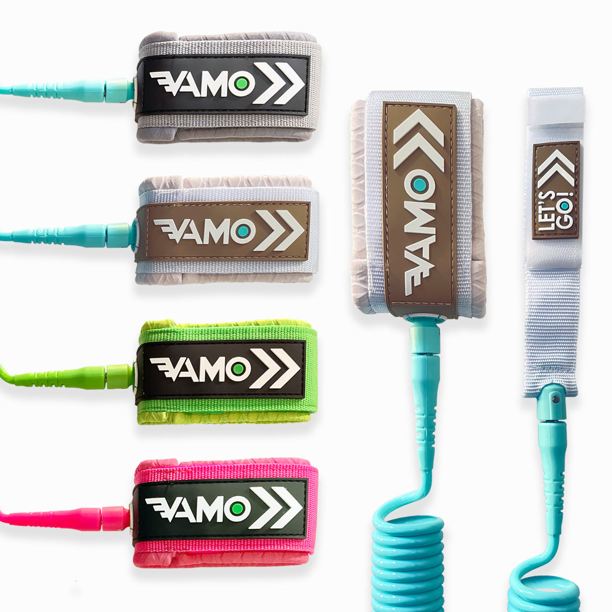 Vamo Life full coil SUP paddleboard leash in vibrant colors, designed for secure water sports and paddleboarding safety.