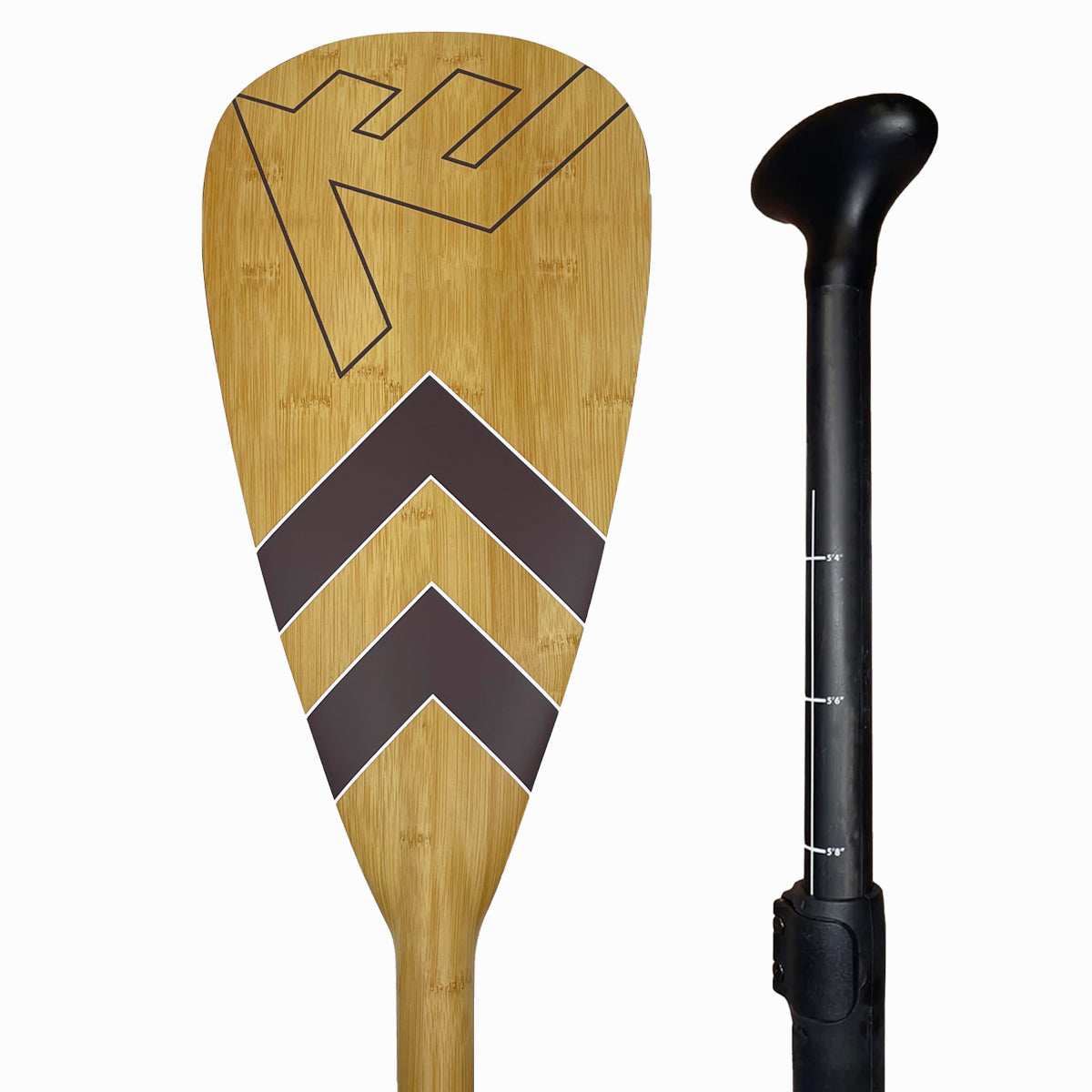 Vamo Life bamboo adjustable paddle with carbon-fiberglass shaft and ABS edge for stand-up paddleboarding in brown color.
