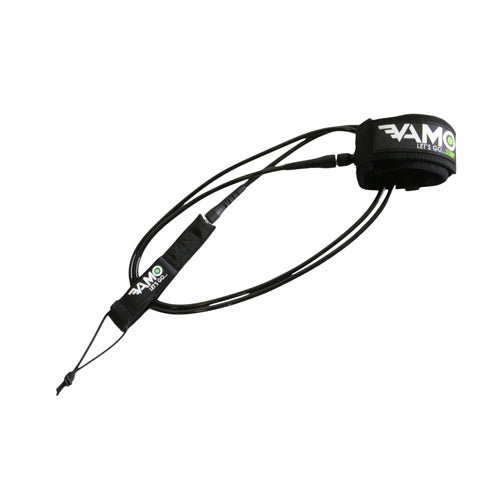 Vamo Life straight surf SUP leash in black with padded ankle strap and coil cord for secure water activity.