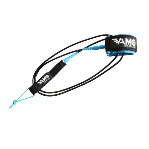 Blue Vamo Life straight surf SUP leash with padded ankle cuff and coiled cord for secure paddleboarding sessions.