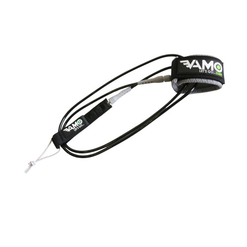Vamo Life straight surf leash in grey for SUP and surfing, featuring a durable nylon strap and secure ankle cuff.