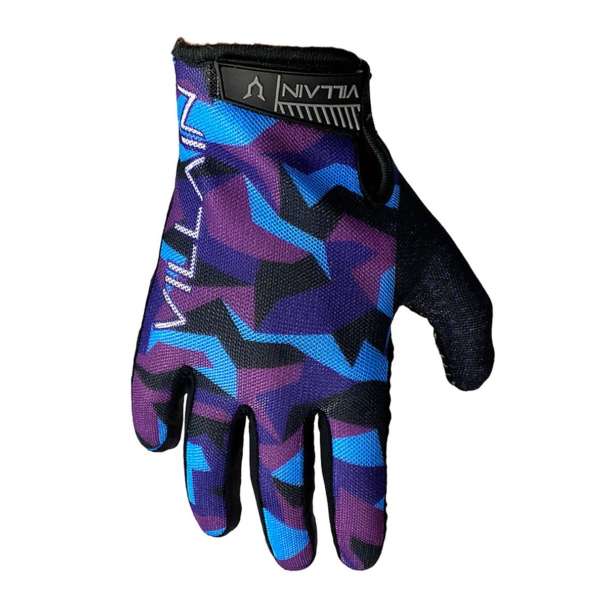 ZEITBIKE Villain gauntlet gloves in blue and purple with reinforced knuckles, designed for durability and style.