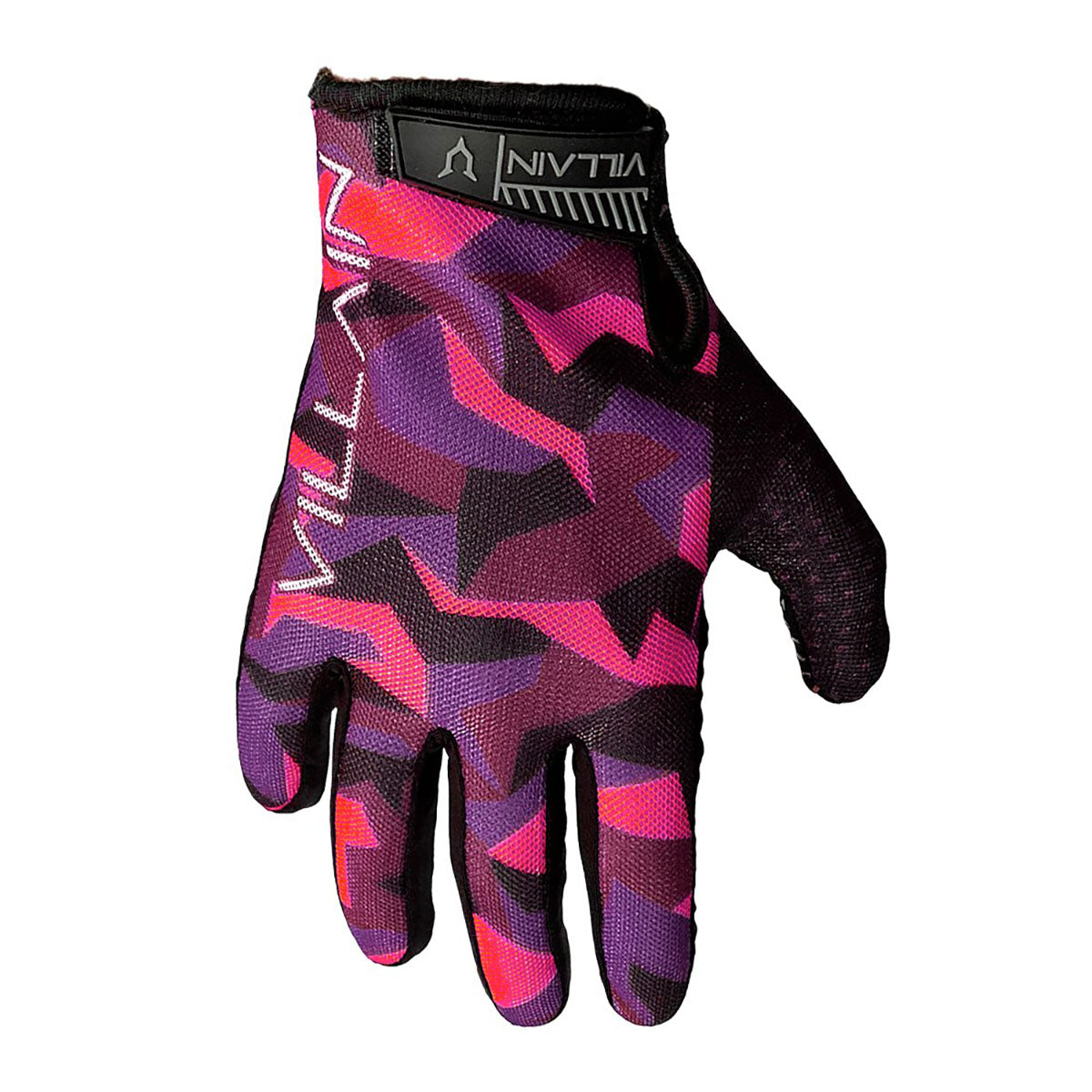 Pink and purple ZEITBIKE Villain Gauntlet Gloves with reinforced knuckles and adjustable straps, designed for riding comfort and style.