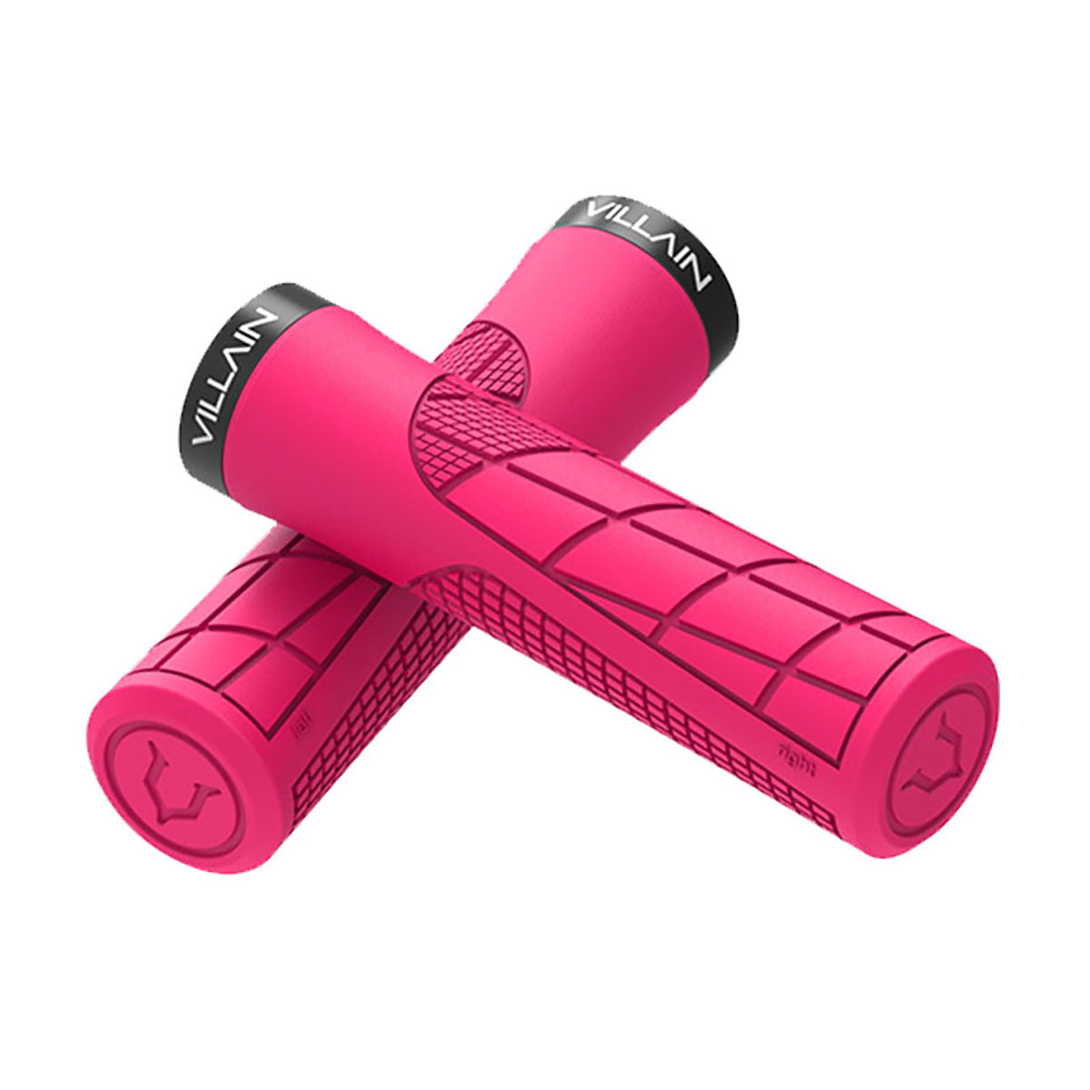 ZEITBIKE Villain Arrest 1st Offense MTB grips in vibrant magenta with textured rubber surface for secure bike handling.