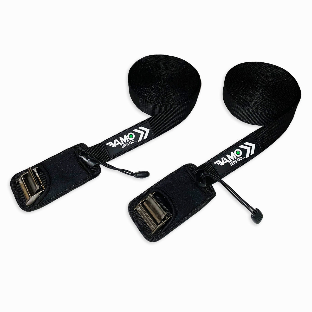 Vamo Life Premium 15' and 10' tie down straps with durable hooks, designed for secure cargo fastening and transport.