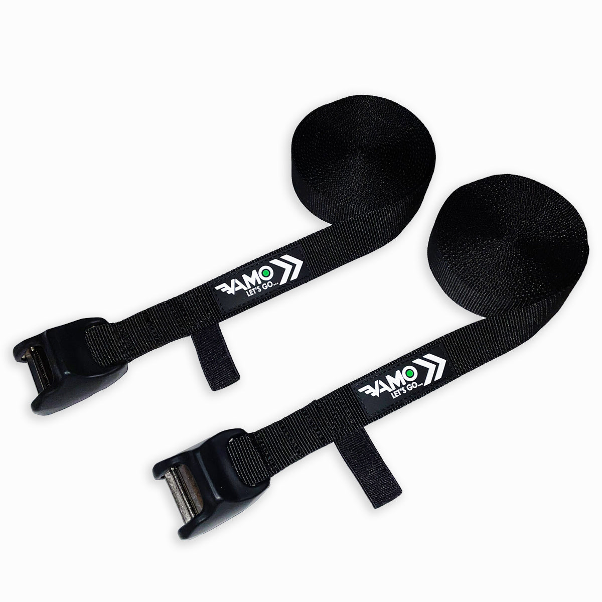 Vamo Life basic 15' and 10' tie down straps with silicone buckle covers for secure cargo fastening.