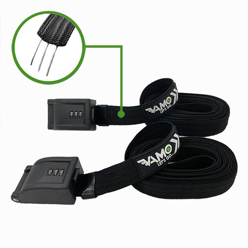 Vamo Life locking tie down straps with braided steel cables securing a paddleboard, surfboard, or kayak for transport.