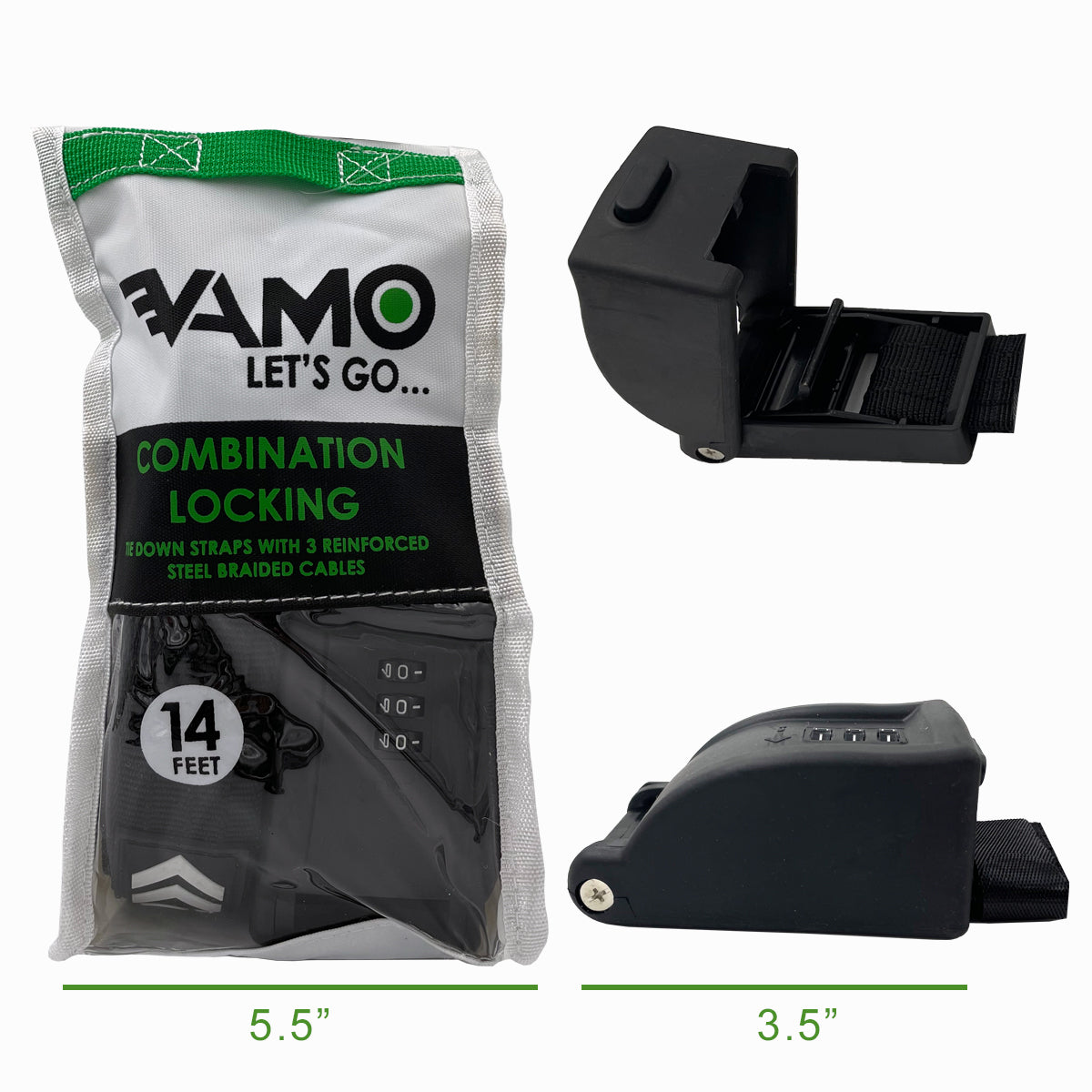 Vamo Life locking tie down straps with braided steel cables securing a paddleboard or kayak for transport.