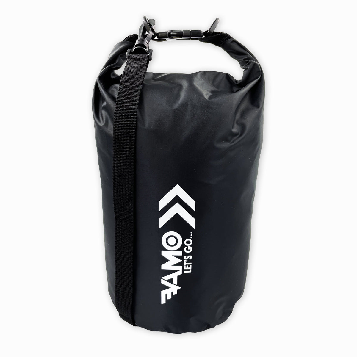 Vamo Life roll top dry bag in black, waterproof material, designed for outdoor and water sports storage.