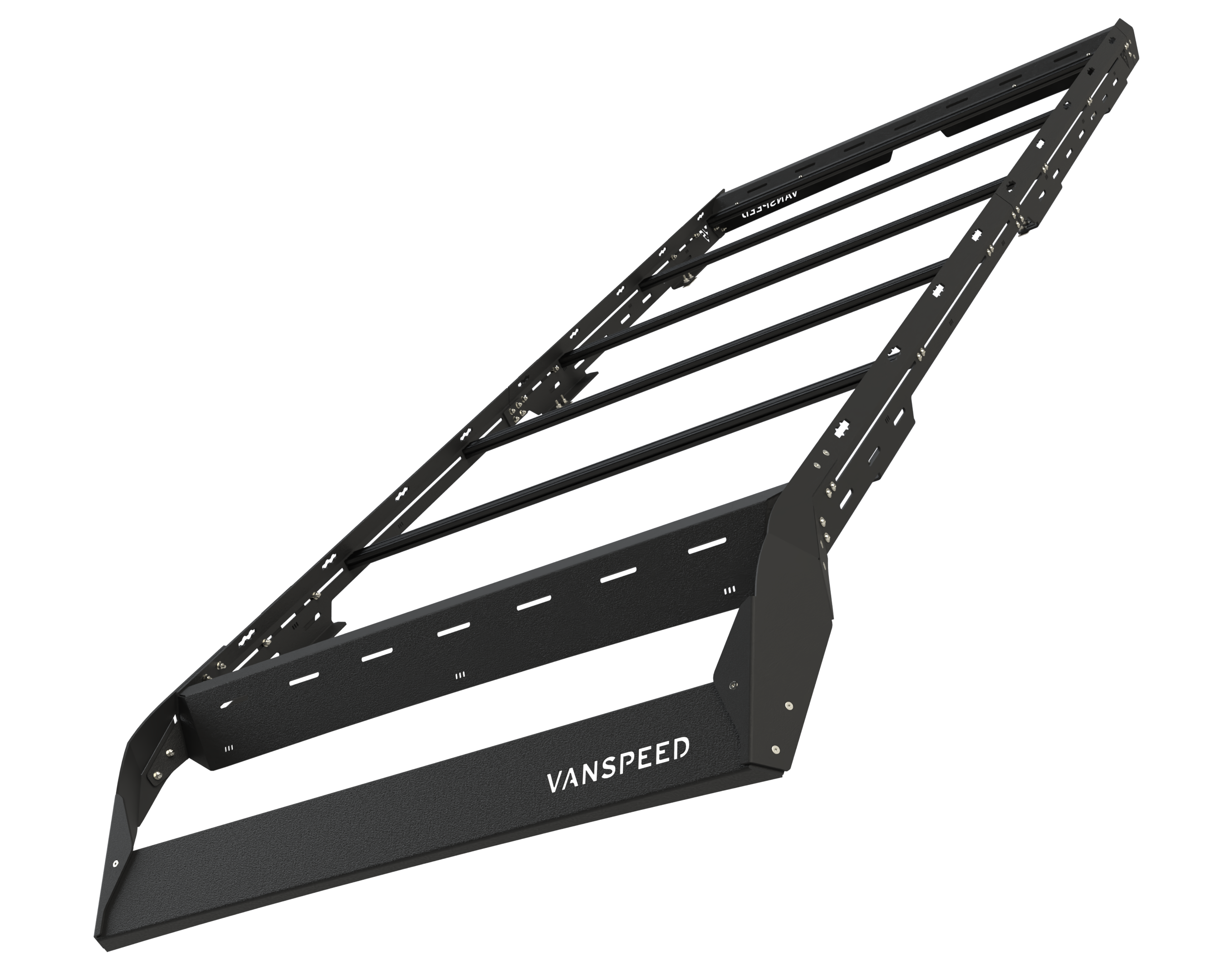 The Van Mart Sprinter Scout Rack 144 mounted on a van, showcasing its sturdy design and versatility for outdoor gear.