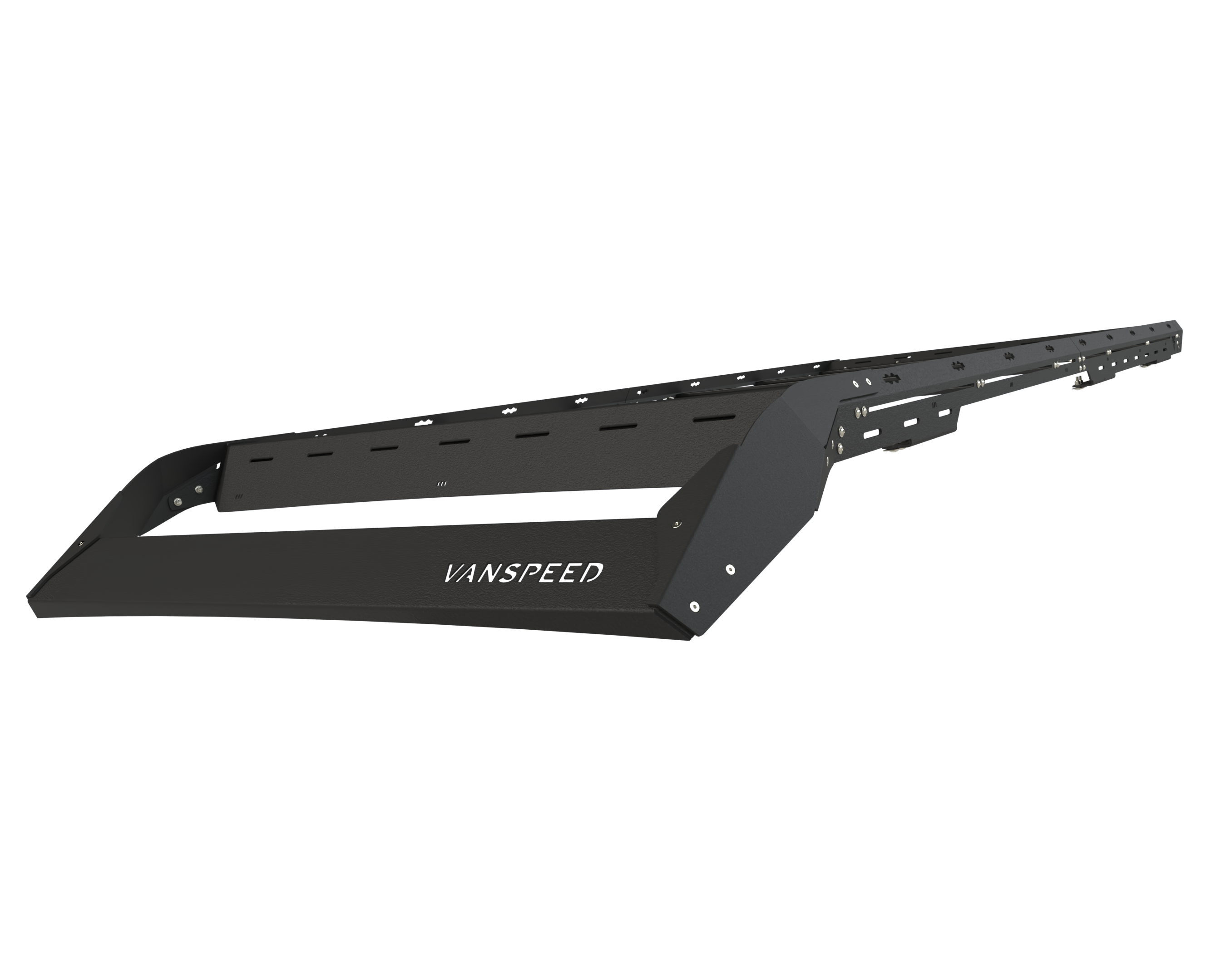 Sprinter Scout Rack 144 by The Van Mart mounted on a van, showcasing its sturdy design and adjustable features.