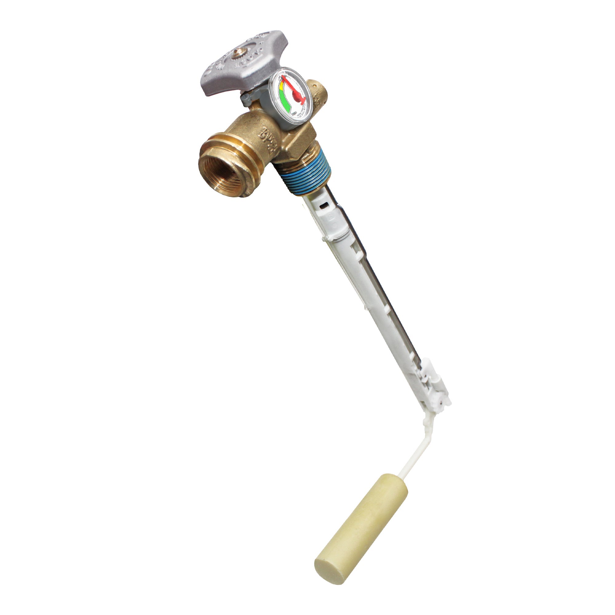 Flame King 20lb propane tank with OPD valve and float gauge for safe fuel regulation and monitoring.