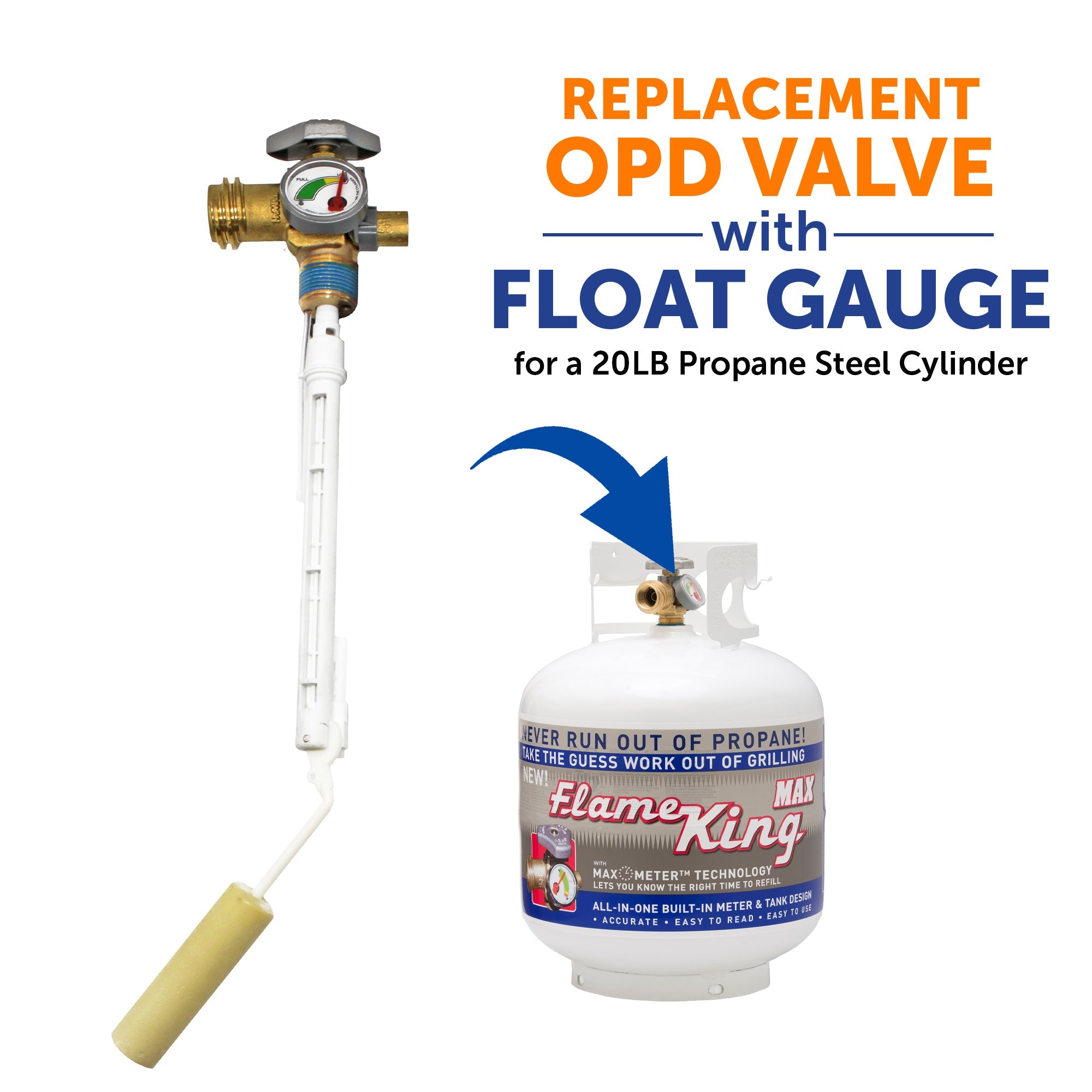 Flame King 20lb propane tank with OPD valve and float gauge, outdoor gas accessory for safe propane use