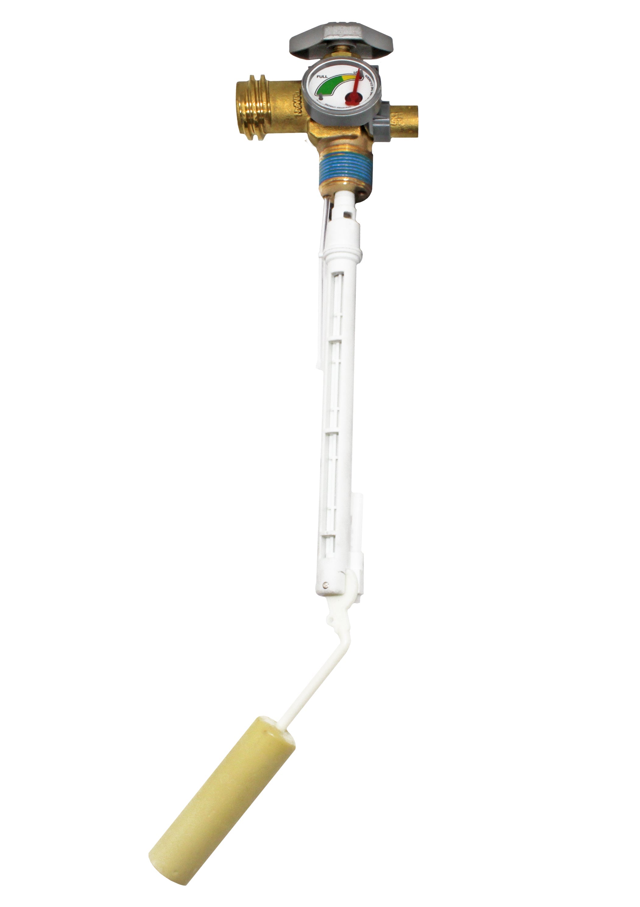Flame King 20lb propane tank OPD valve with float gauge for safe, accurate fuel level measurement and easy use.