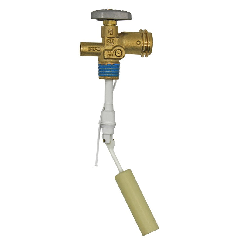 Flame King 30lb OPD valve for propane accessories, showcasing a durable design with clear labeling and connection points.