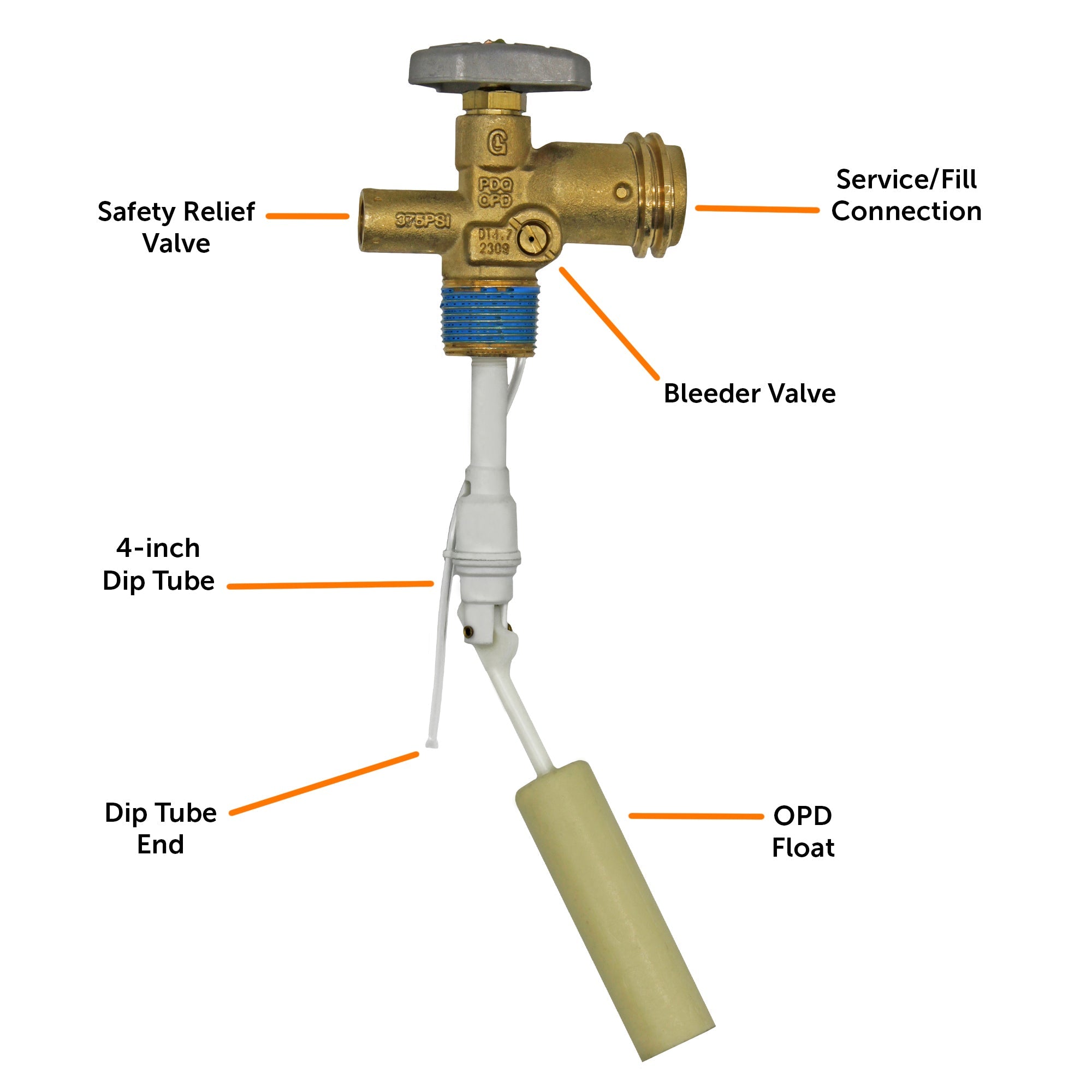 Flame King 30lb OPD valve for propane tanks, featuring a durable design and safety features for secure gas flow.