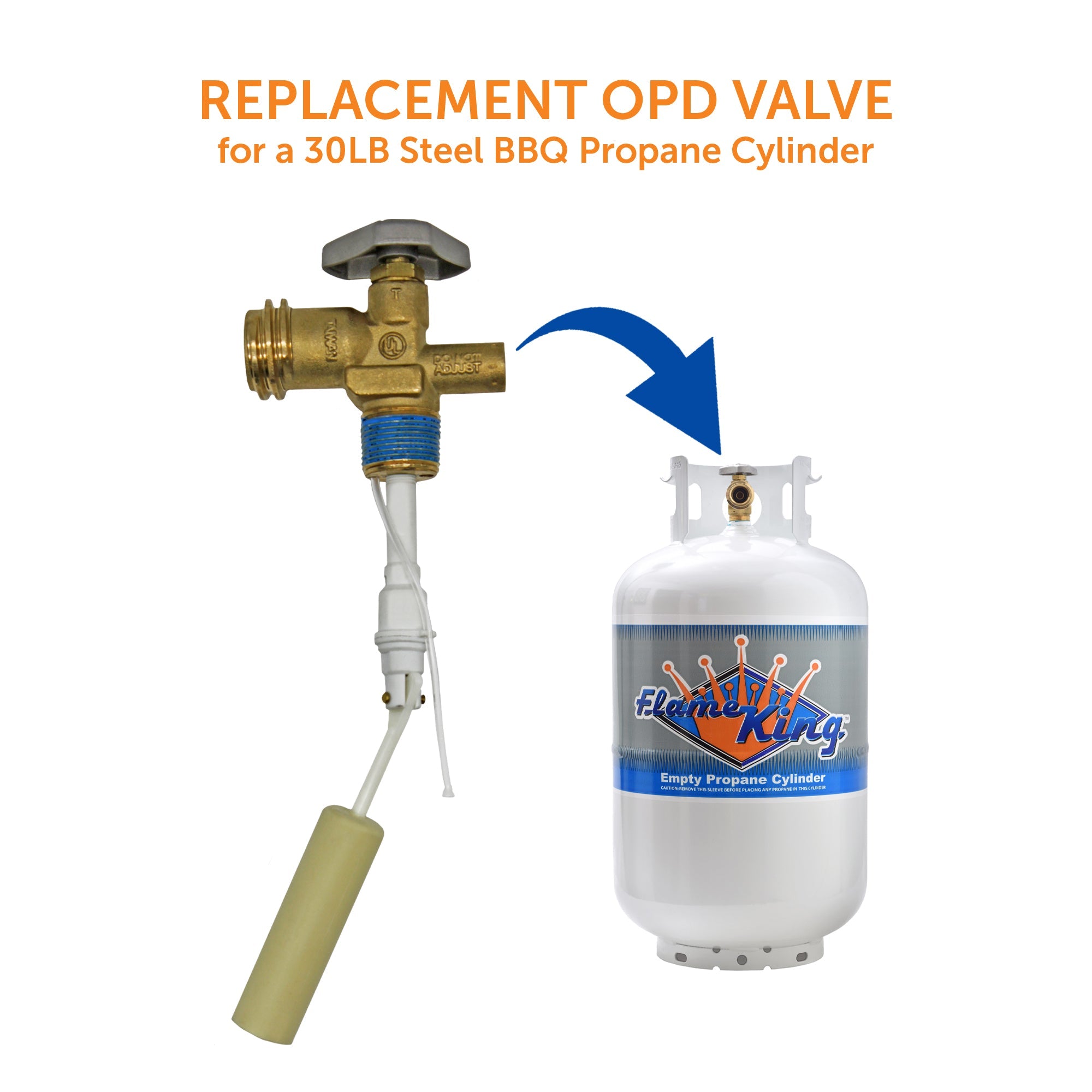 Flame King 30lb OPD valve for propane tanks, featuring a durable design and secure connection for safe gas usage.