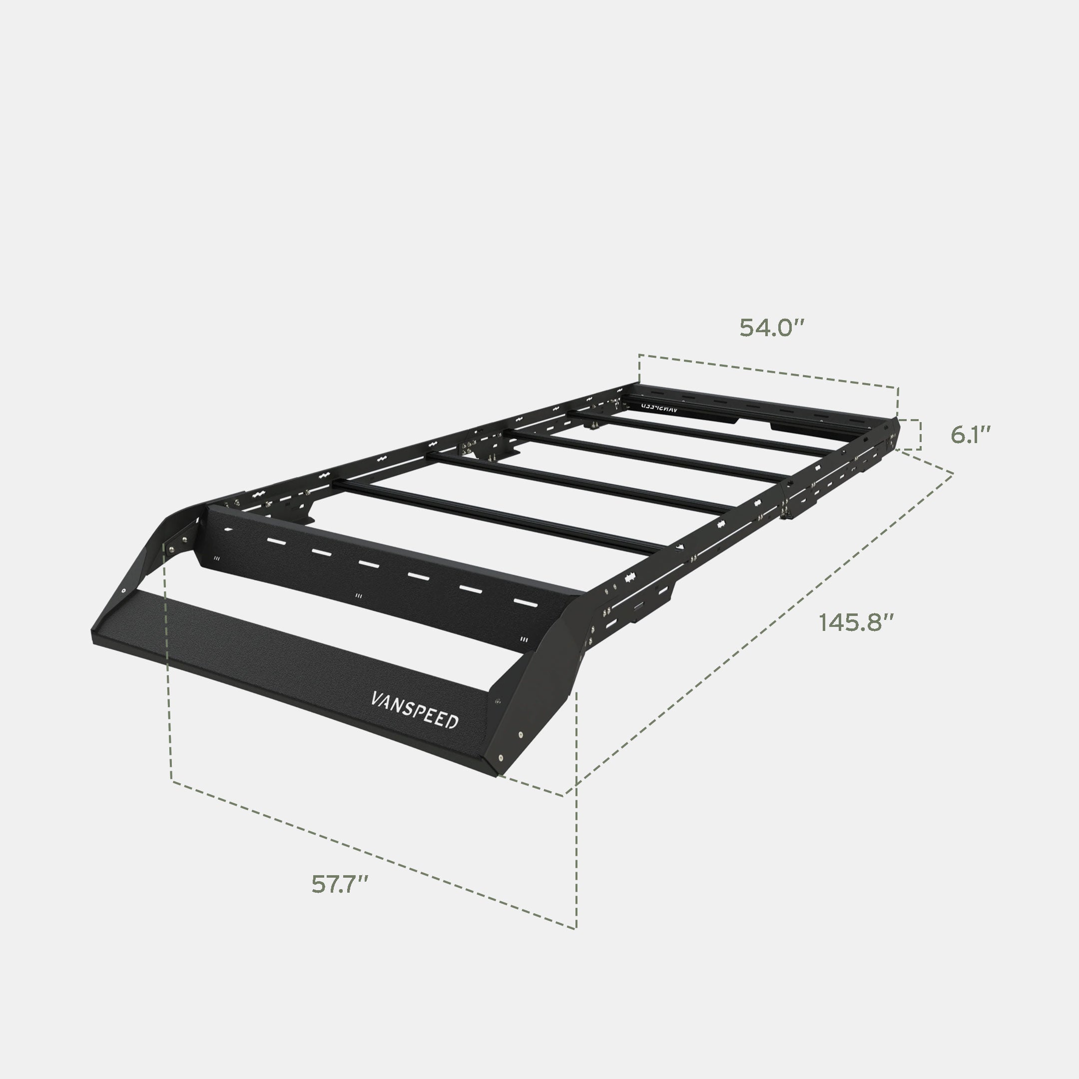 Sprinter Scout Rack 144 by The Van Mart, showcasing a sturdy roof rack for Sprinter vans and its dimensions.