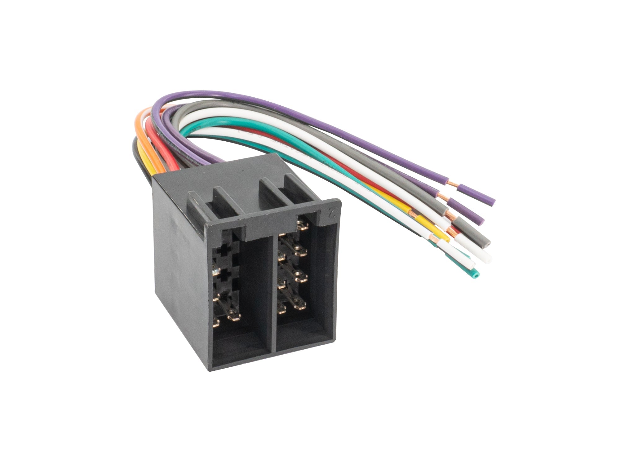 GoWesty aftermarket stereo wiring harness adapter for VW vehicles with visible wiring connections and color-coded wires.