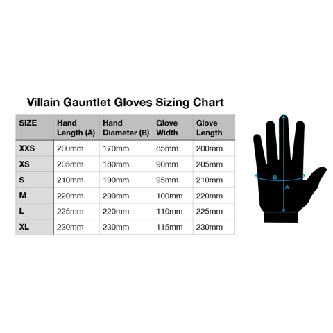 ZEITBIKE Villain gauntlet gloves size chart showing various glove sizes and fit details for the Villain gloves.