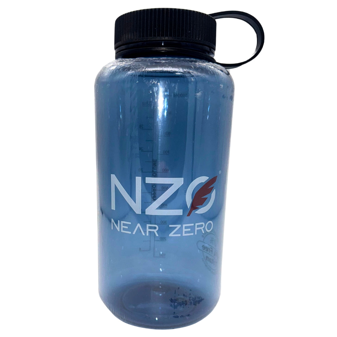 Dark blue 32 oz. wide mouth water bottle from Near Zero Outdoor Gear, ideal for camping and outdoor hydration.