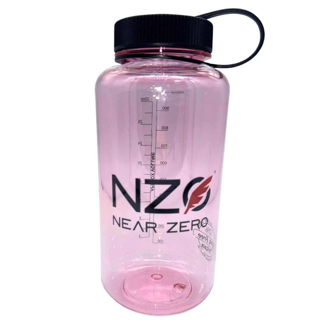 Pink 32 oz. wide mouth water bottle by Near Zero Outdoor Gear, suitable for camping and outdoor adventure hydration.