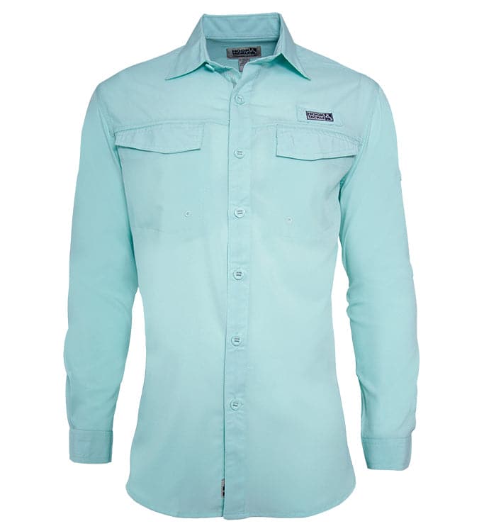 Women's Hook & Tackle Coastline long sleeve UV vented fishing shirt in light blue with breathable fabric and fishing details.