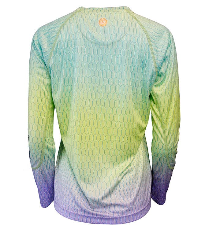 Women's Hook & Tackle fish scale long sleeve UV fishing shirt, featuring a lightweight design and sun protection.