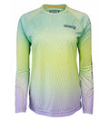 Women's Hook & Tackle long sleeve UV fishing shirt with fish scale pattern, designed for sun protection and outdoor activities.
