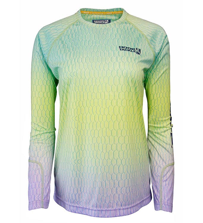 Women's Hook & Tackle long sleeve UV fishing shirt with fish scale pattern, designed for sun protection and outdoor activities.