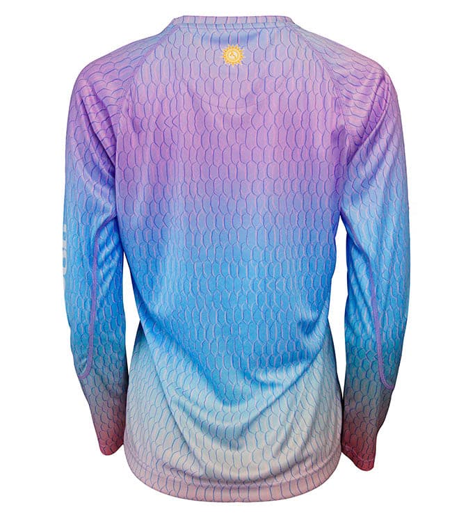 Women's Hook & Tackle fish scale long sleeve UV fishing shirt in blue, featuring sun protection fabric and stylish design.