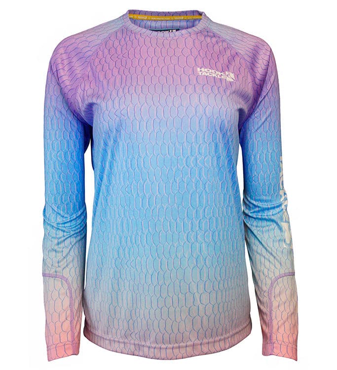 Women's Hook & Tackle fish scale long sleeve UV fishing shirt in light blue with sun protection features.