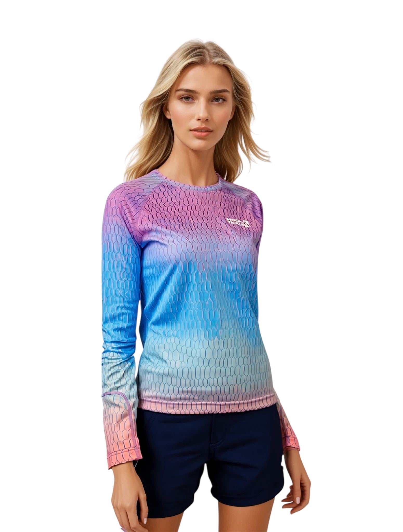 Women's Hook & Tackle fish scale long sleeve UV fishing shirt in pink, designed for sun protection and outdoor comfort.