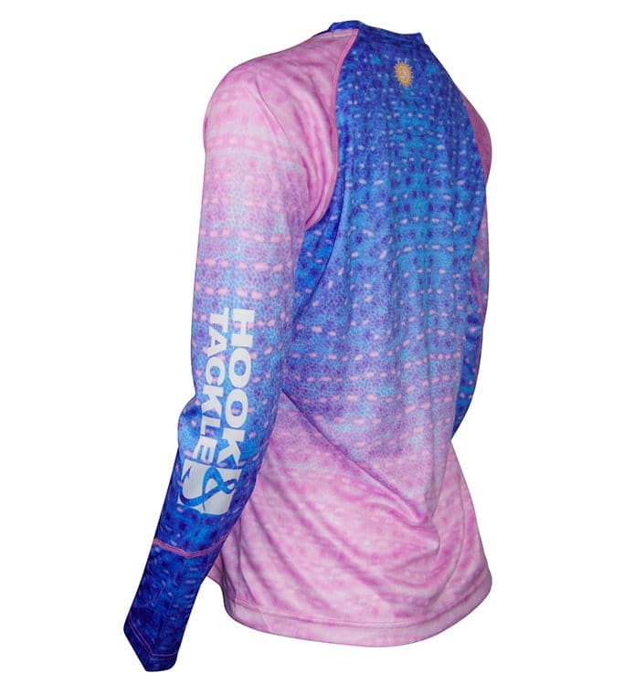 Women's Whale Shark Camo UV fishing shirt by Hook & Tackle featuring whale shark print, UPF sun protection, lightweight and comfortable.