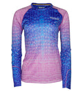 Women's Whale Shark Camo UV fishing shirt by Hook & Tackle, featuring UPF sun protection and a vibrant marine-inspired camouflage pattern.