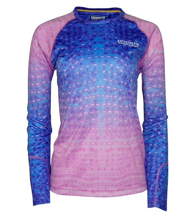 Women's Whale Shark Camo UV fishing shirt by Hook & Tackle, featuring UPF sun protection and a vibrant marine-inspired camouflage pattern.