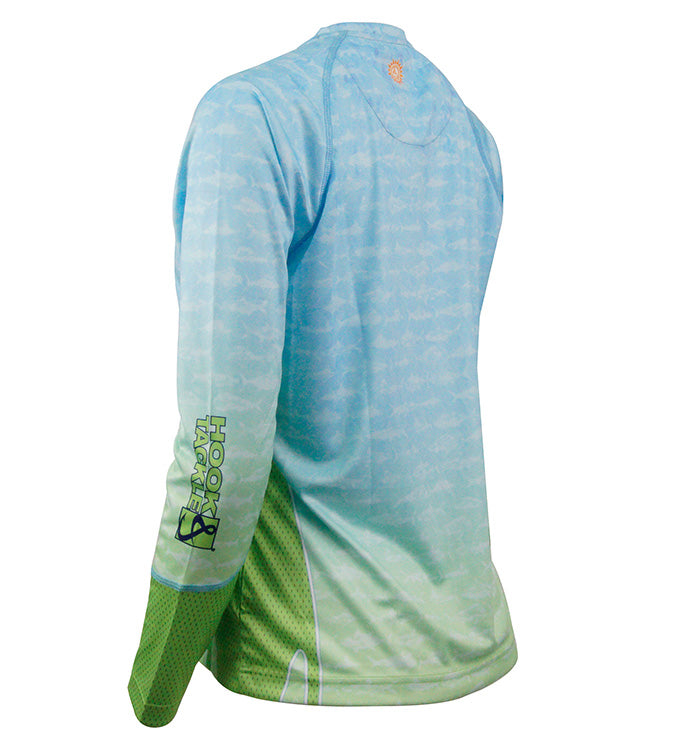 Women's Gamefish UV fishing shirt by Hook & Tackle with long sleeves and UPF sun protection, in a blue and black color design.