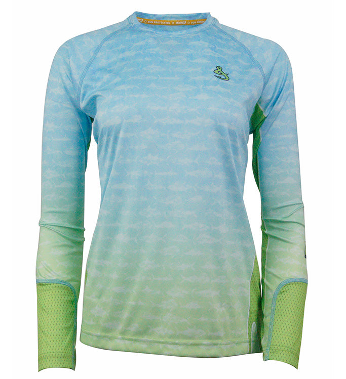 Women's Gamefish long sleeve UV fishing shirt by Hook & Tackle, featuring UPF sun protection and lightweight, breathable fabric.