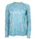 Women's Hook & Tackle Swells long sleeve UV fishing shirt with sun protection, featuring a light blue design.